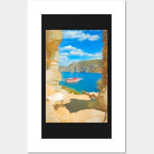 Sailboat anchored in an aegean bay in Turkey Posters and Art